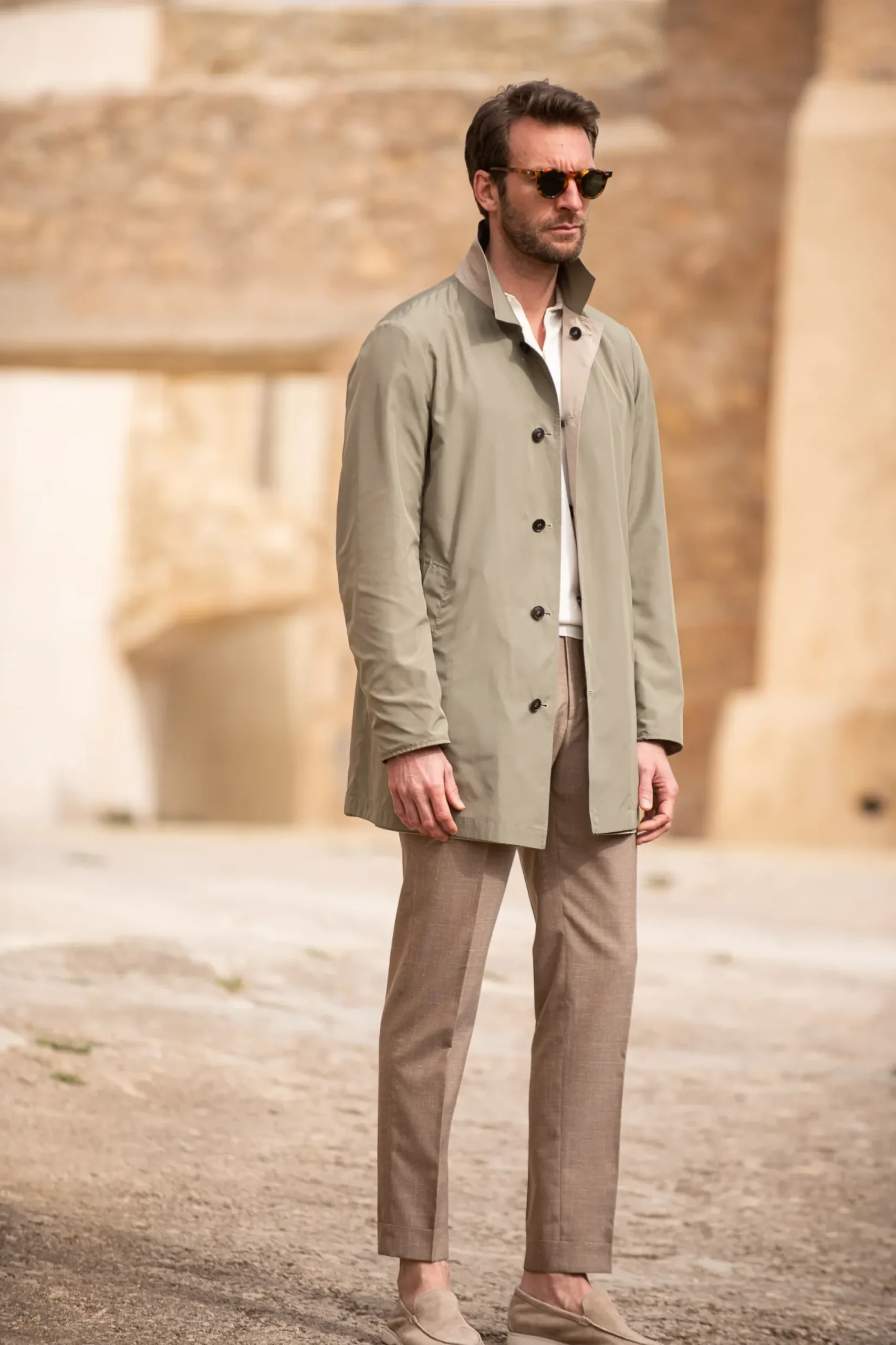 Pini Parma Beige And Green Reversible Raincoat - Made In Italy Best Sale