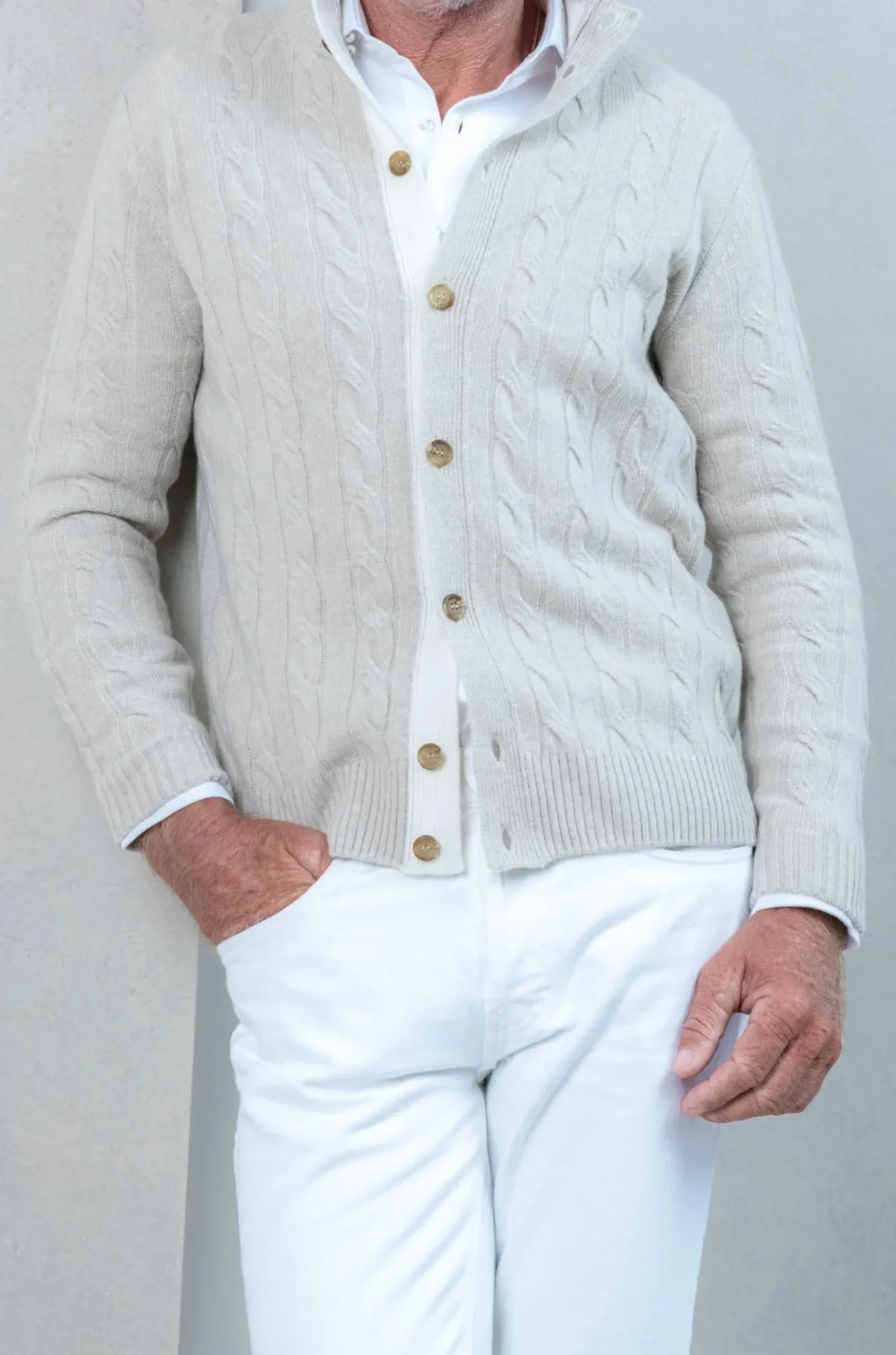 Pini Parma Beige Cable Knit Cashmere Blend Cardigan – Made In Italy Fashion