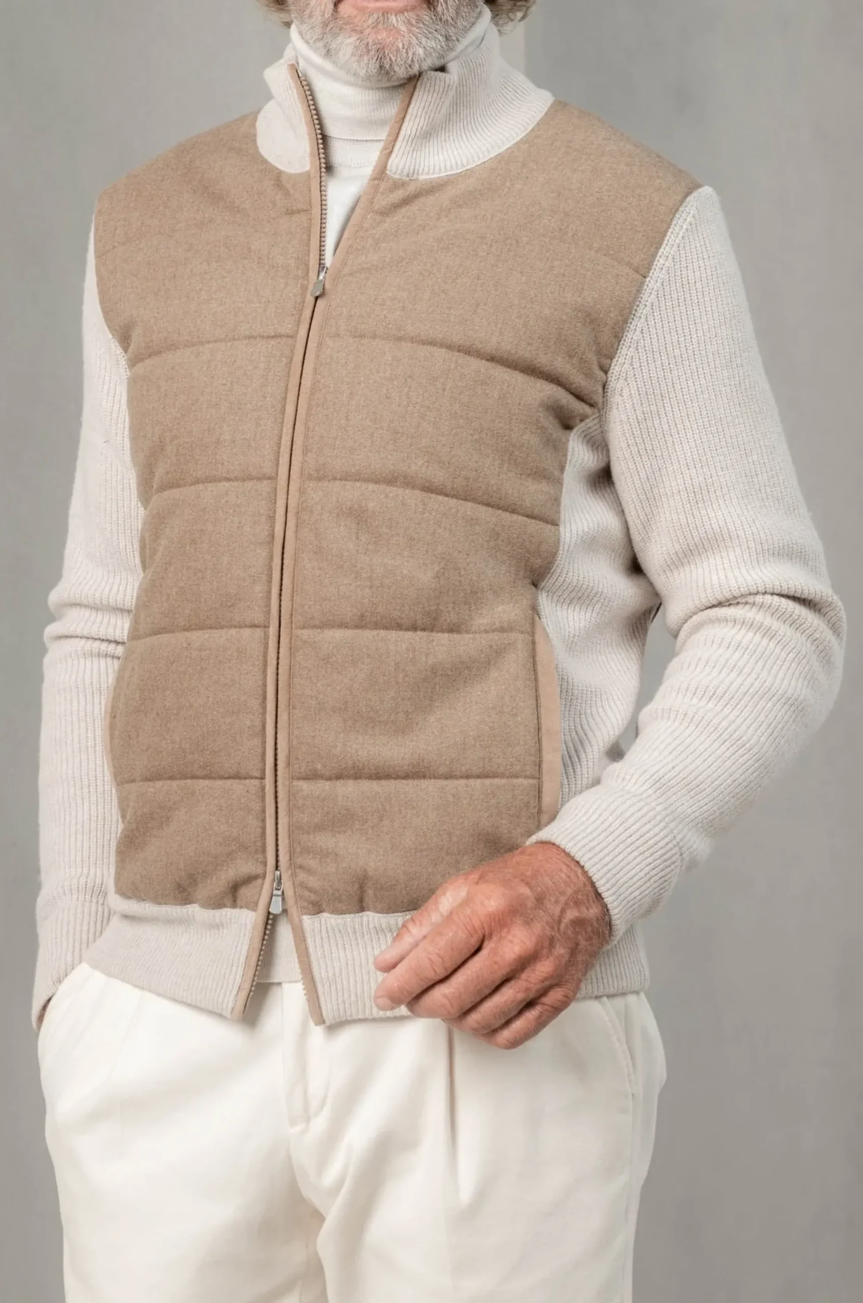 Pini Parma Beige Cardigan - Flannel & Knitted Wool - Made In Italy Hot