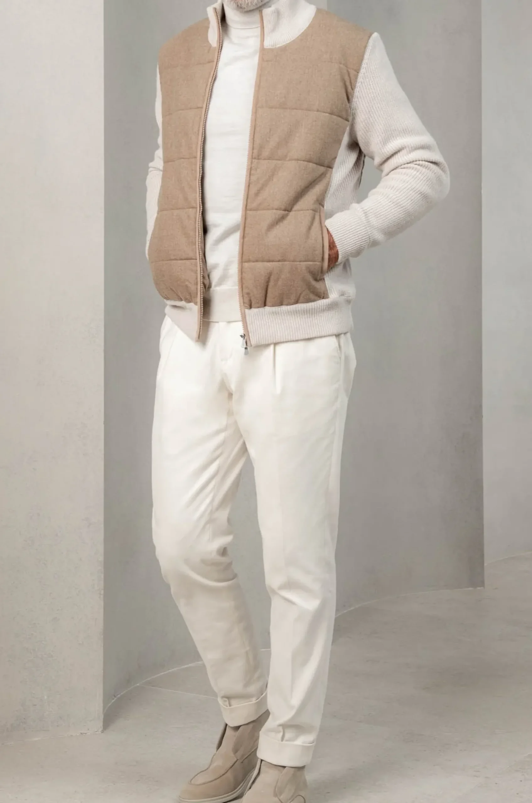Pini Parma Beige Cardigan - Flannel & Knitted Wool - Made In Italy Hot