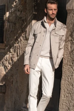 Pini Parma Beige Field Jacket In Loro Piana Green Storm System® Wool - Made In Italy Outlet
