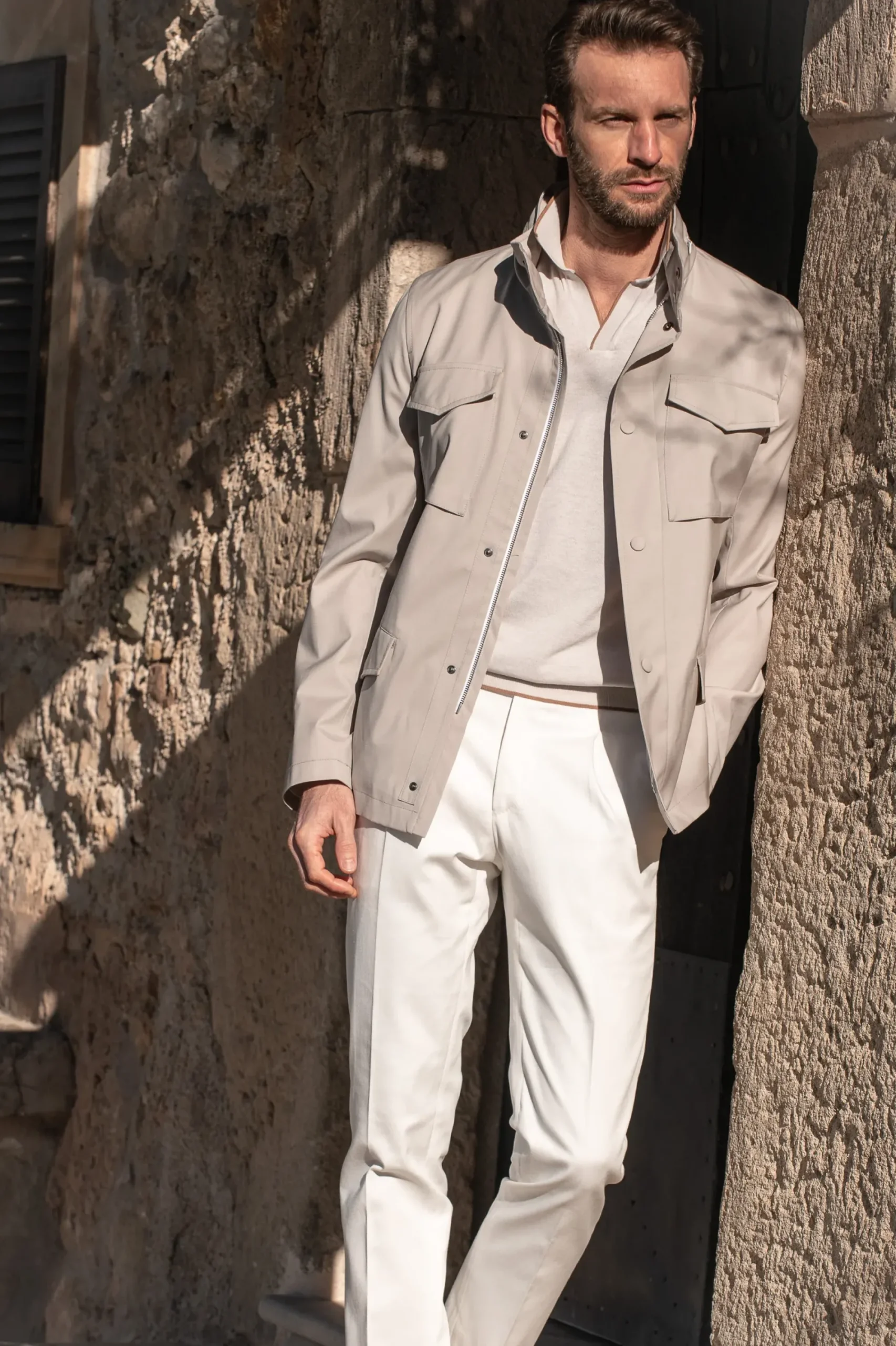 Pini Parma Beige Field Jacket In Loro Piana Green Storm System® Wool - Made In Italy Outlet