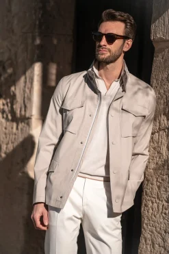 Pini Parma Beige Field Jacket In Loro Piana Green Storm System® Wool - Made In Italy Outlet