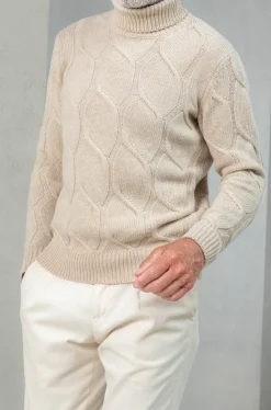Pini Parma Beige Jacquard Patterned Wool & Cashmere Turtleneck – Made In Italy Cheap