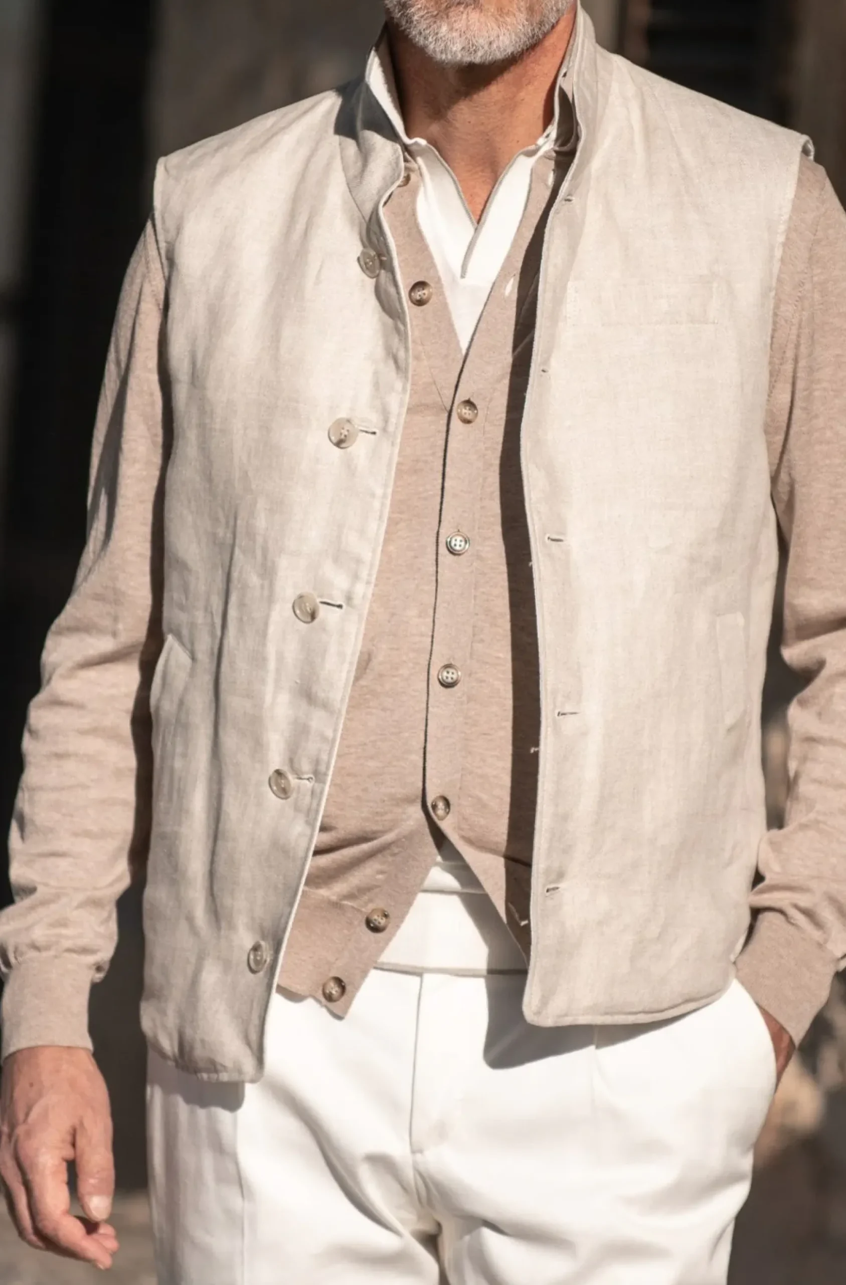 Pini Parma Beige Linen Reversible Down Vest – Made In Italy Flash Sale