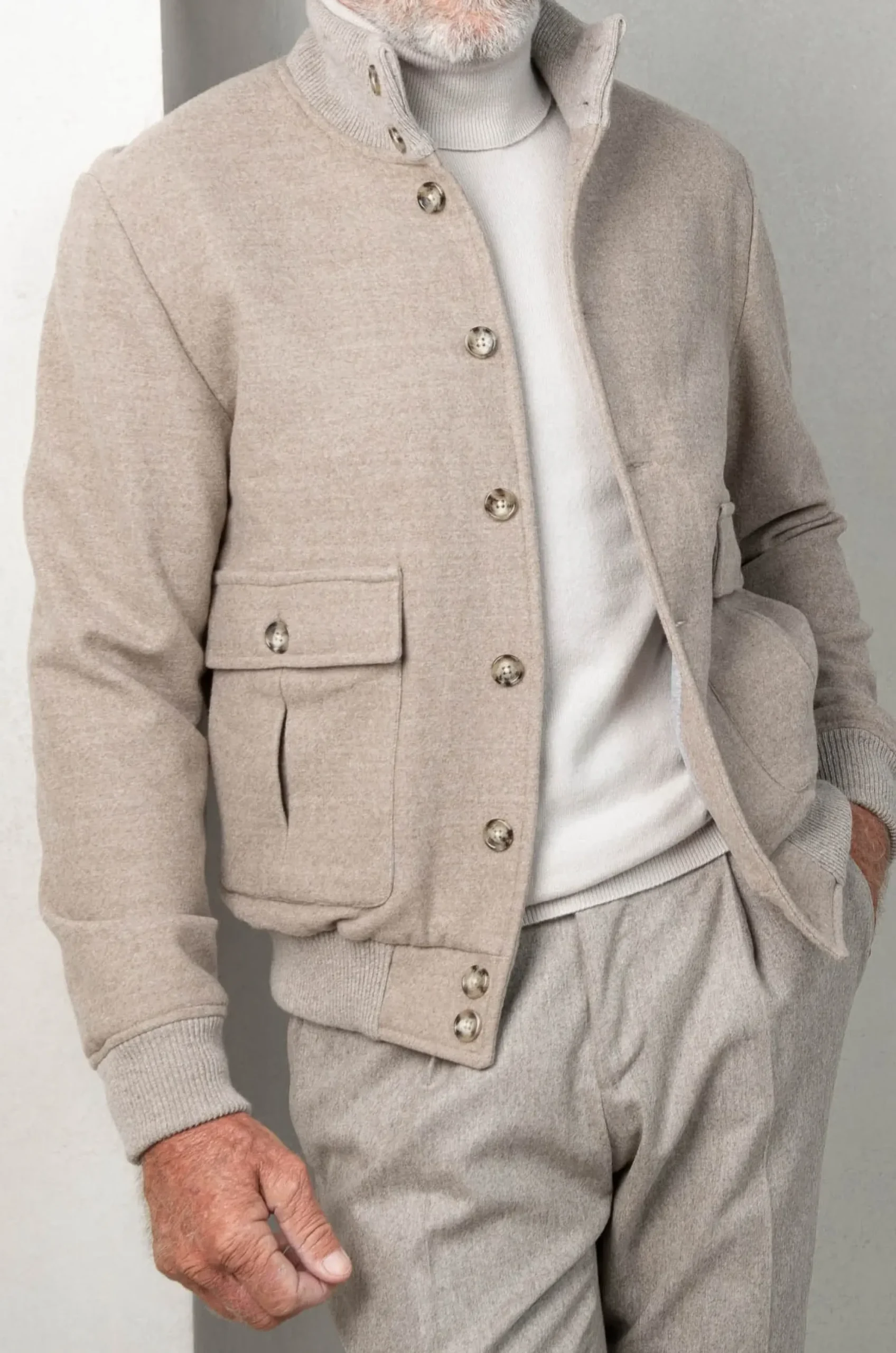 Pini Parma Beige Super 180's Wool Flannel Bomber Jacket – Made In Italy Shop