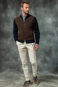 Pini Parma Blue And Brown Cardigan - Alcantara & Wool - Made In Italy New