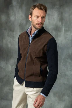 Pini Parma Blue And Brown Cardigan - Alcantara & Wool - Made In Italy New