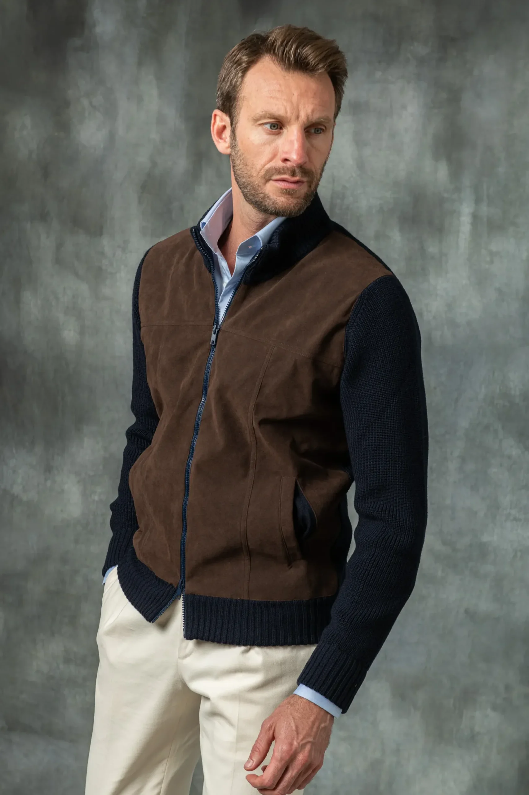 Pini Parma Blue And Brown Cardigan - Alcantara & Wool - Made In Italy New