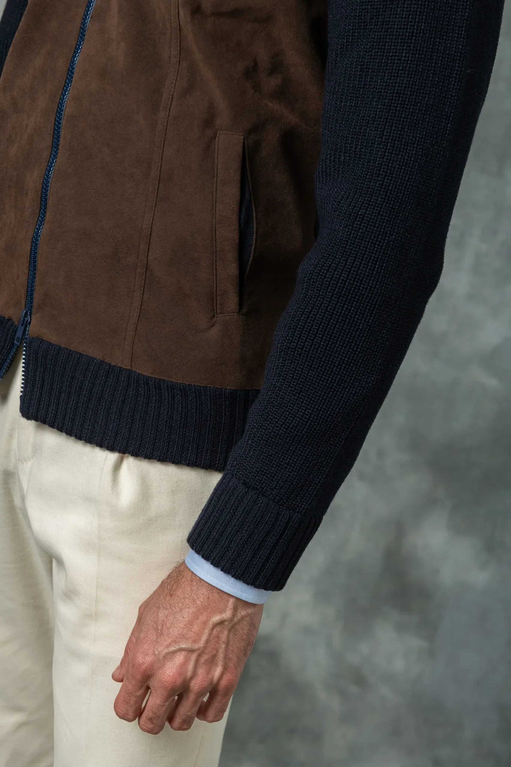 Pini Parma Blue And Brown Cardigan - Alcantara & Wool - Made In Italy New