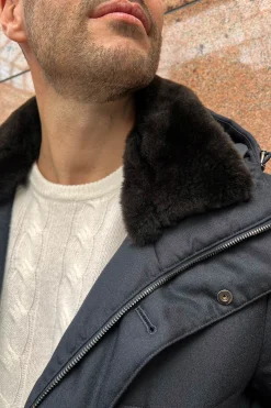 Pini Parma Blue Down Coat With Removable Shearling Collar – Made In Italy Clearance