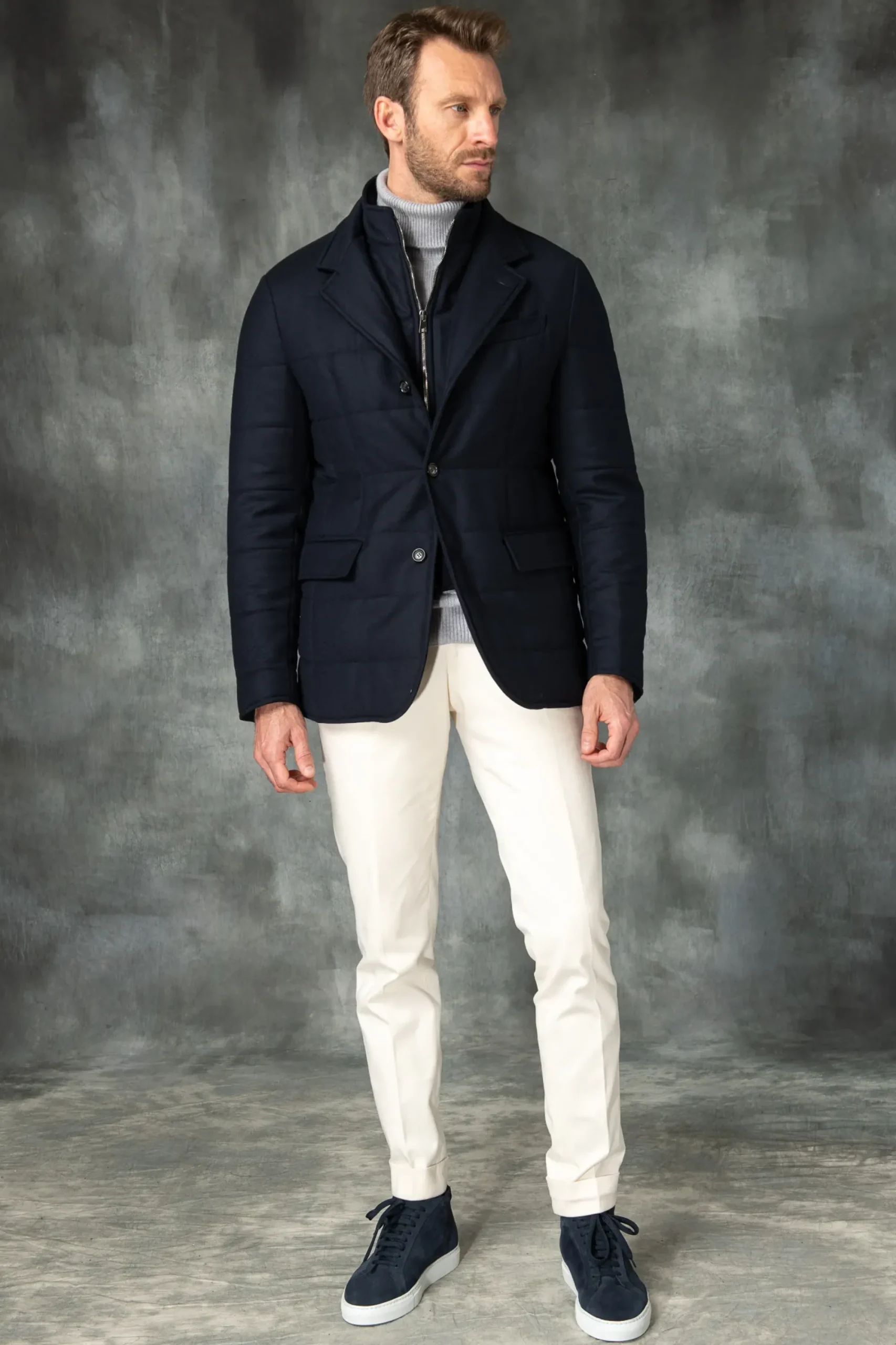 Pini Parma Blue Down Jacket In Loro Piana Wool With Rain System®– Made In Italy Best Sale