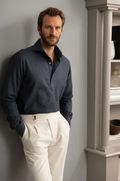 Pini Parma Blue Popover Shirt - Flannel Touch - Made In Italy Discount