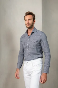 Pini Parma Blue Prince Of Wales Western Shirt - Made In Italy Flash Sale