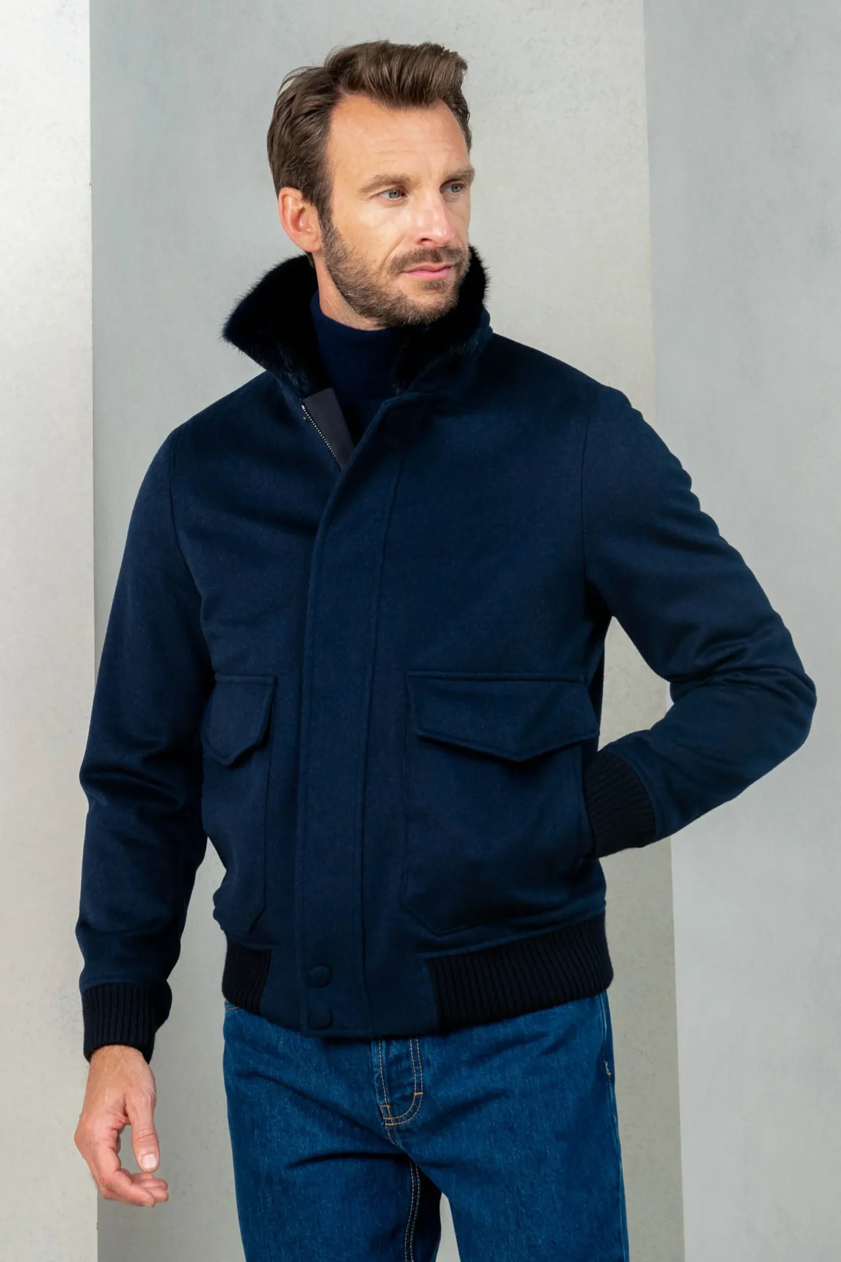 Pini Parma Blue Short Coat With Removable Shearling Collar – Made In Italy Shop
