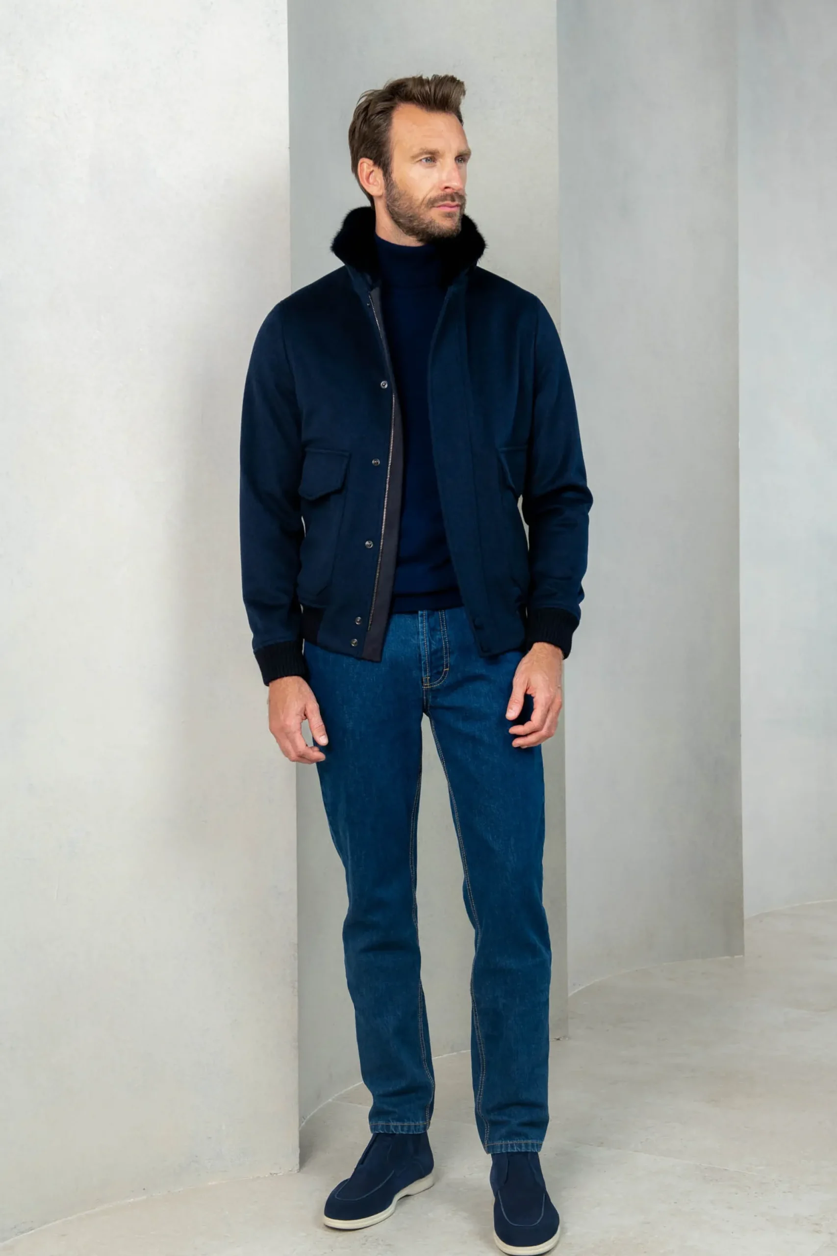 Pini Parma Blue Short Coat With Removable Shearling Collar – Made In Italy Shop