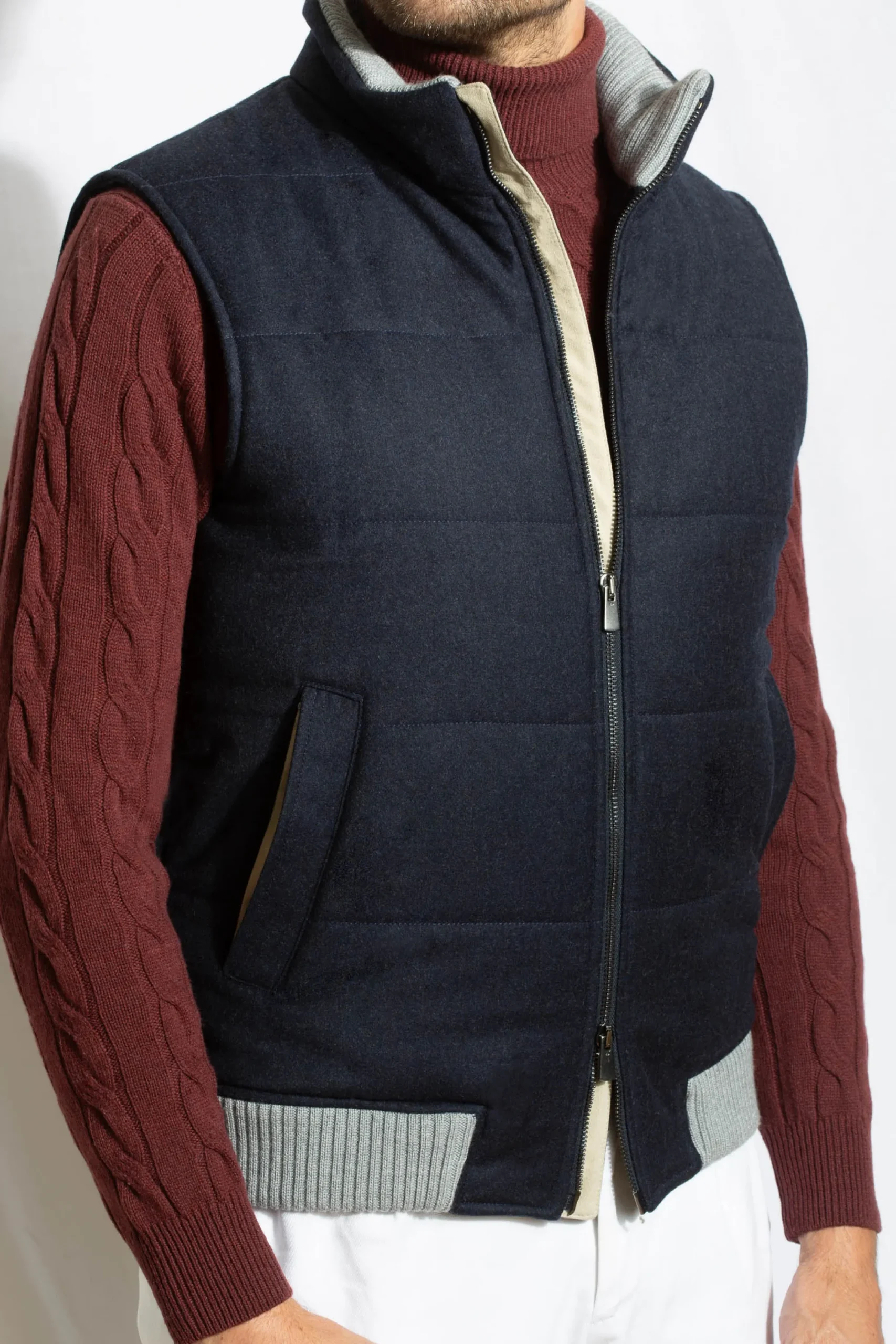 Pini Parma Blue Vest With Zip In Loro Piana Wool With Rain System®– Made In Italy New
