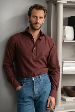 Pini Parma Bordeaux Popover Shirt - Flannel Touch - Made In Italy Best Sale
