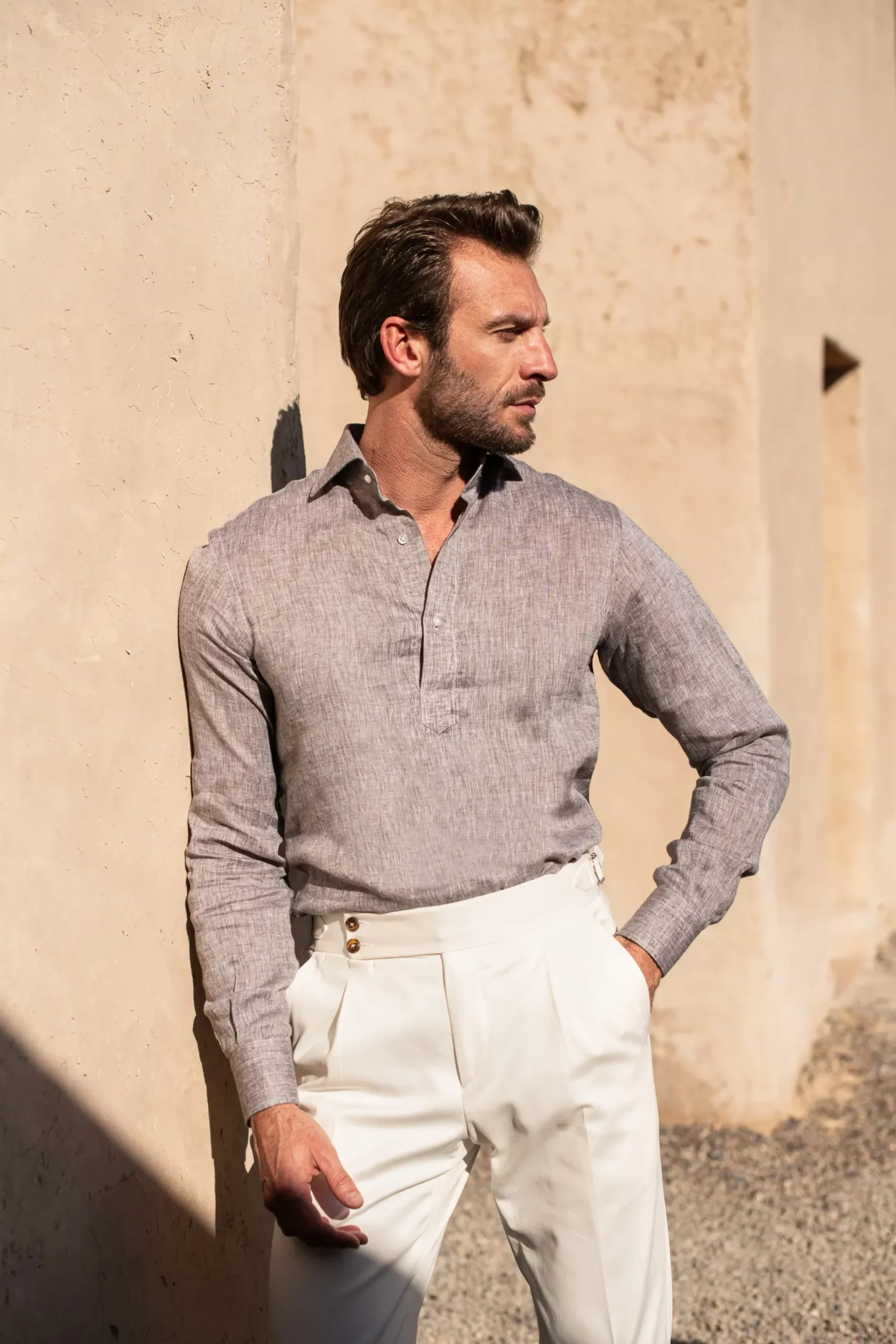 Pini Parma Desert Linen Popover Shirt - Made In Italy Fashion