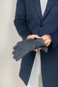 Pini Parma Dusty Blue Cashmere Lined Deerskin Leather Gloves - Made In Italy Sale