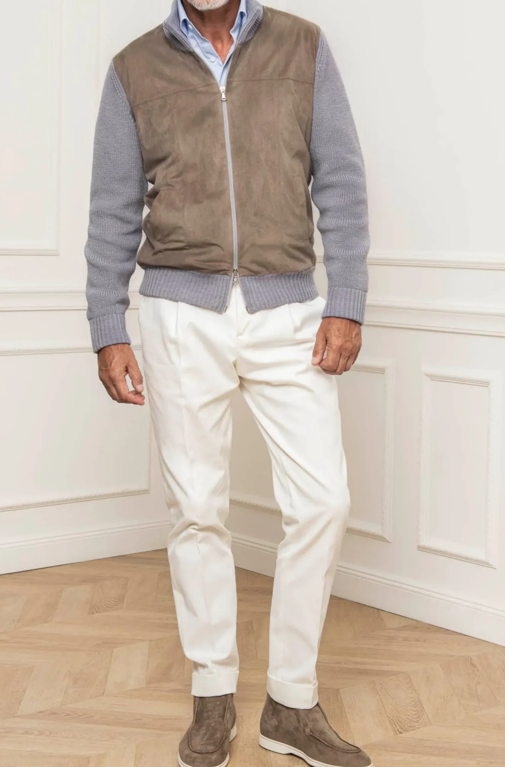 Pini Parma Grey And Taupe Cardigan - Alcantara & Wool - Made In Italy Cheap