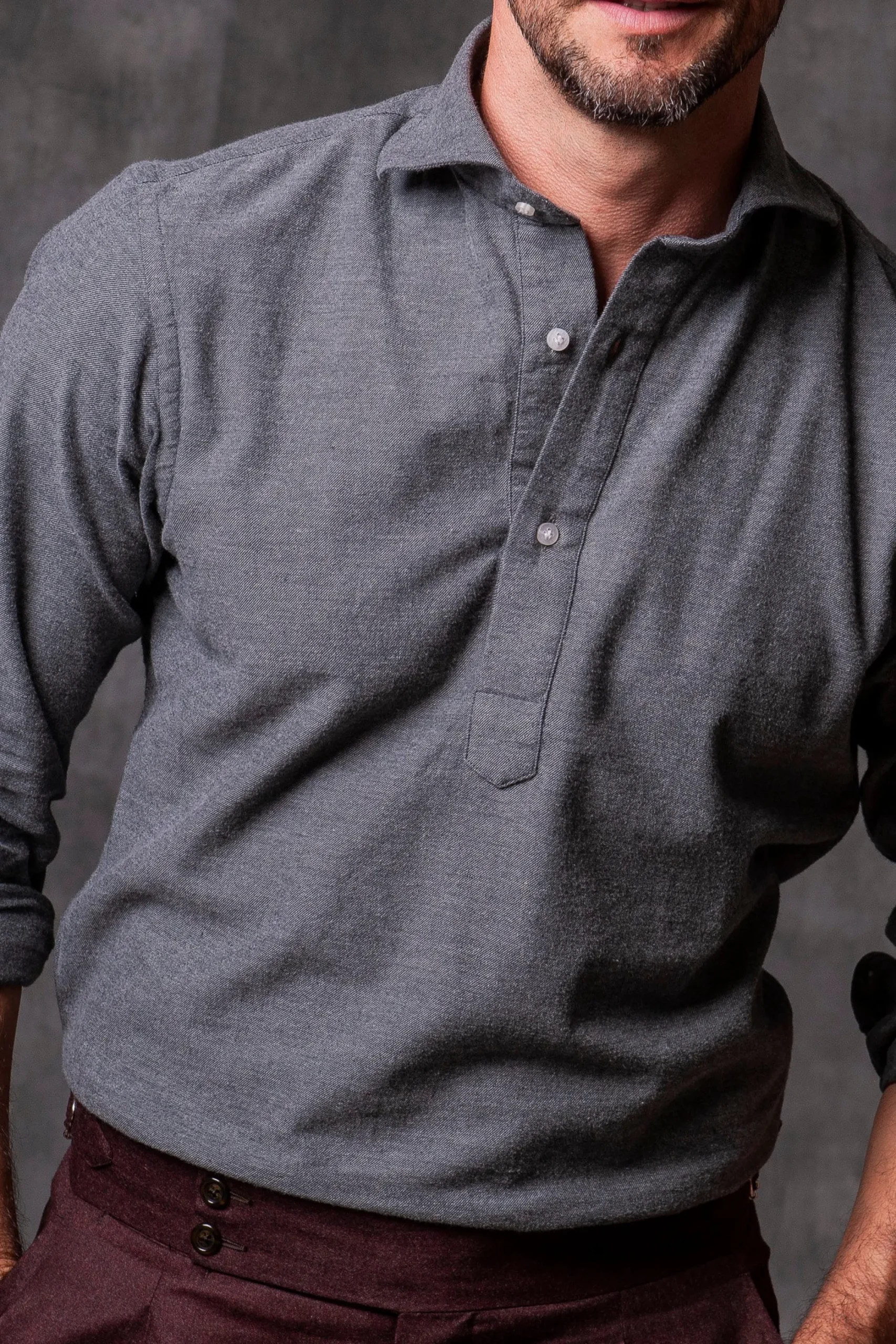 Pini Parma Grey Popover Shirt - Flannel Touch - Made In Italy Fashion