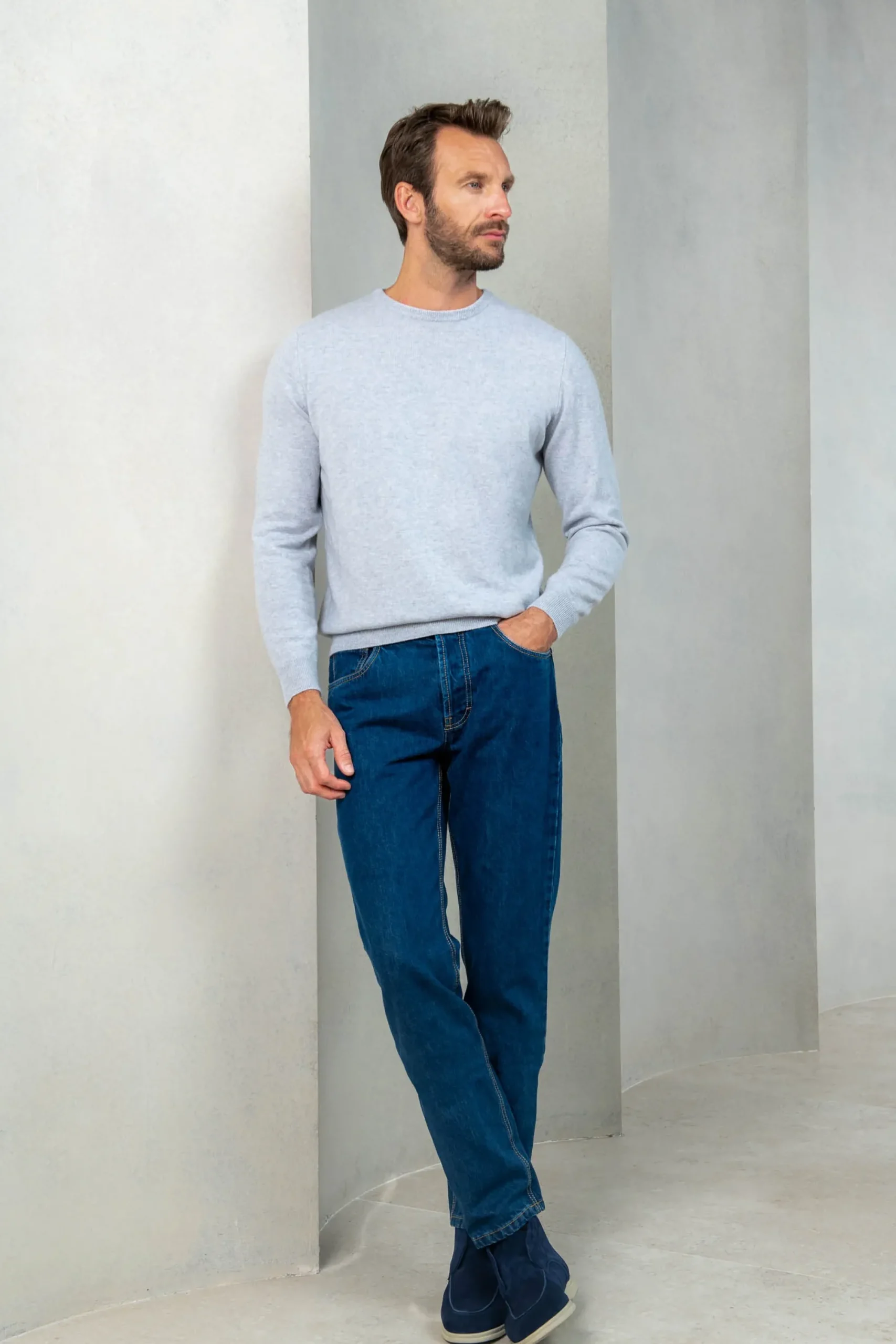 Pini Parma Light Grey Cashmere Round Neck – Made In Italy Discount
