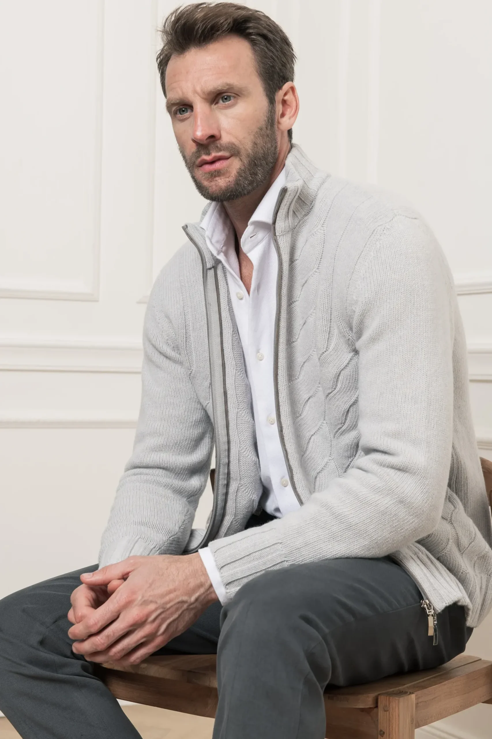 Pini Parma Off-White Cable Zip Cardigan – Made In Italy Clearance