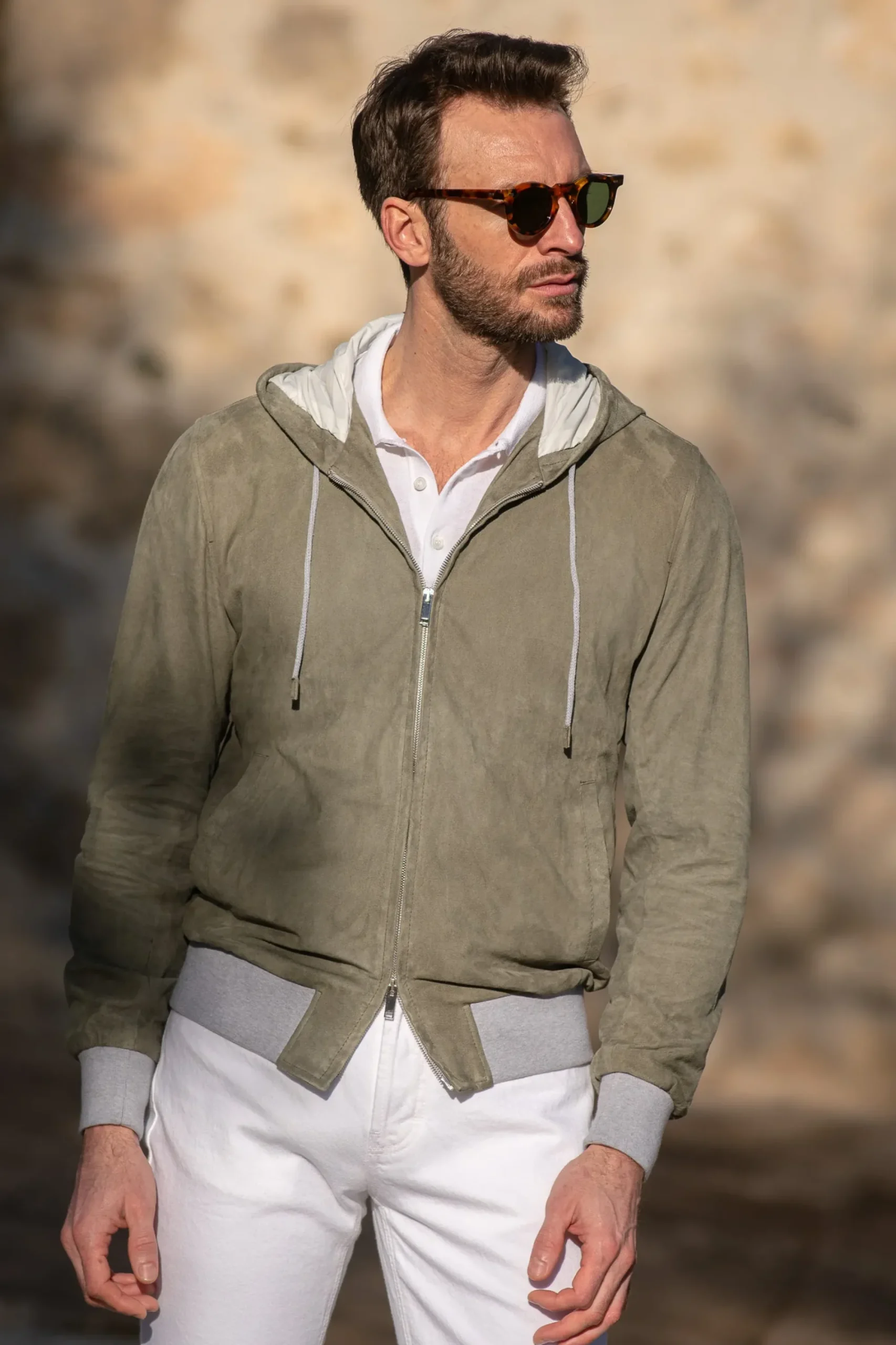 Pini Parma Sage Suede Hooded Bomber Jacket – Made In Italy Cheap