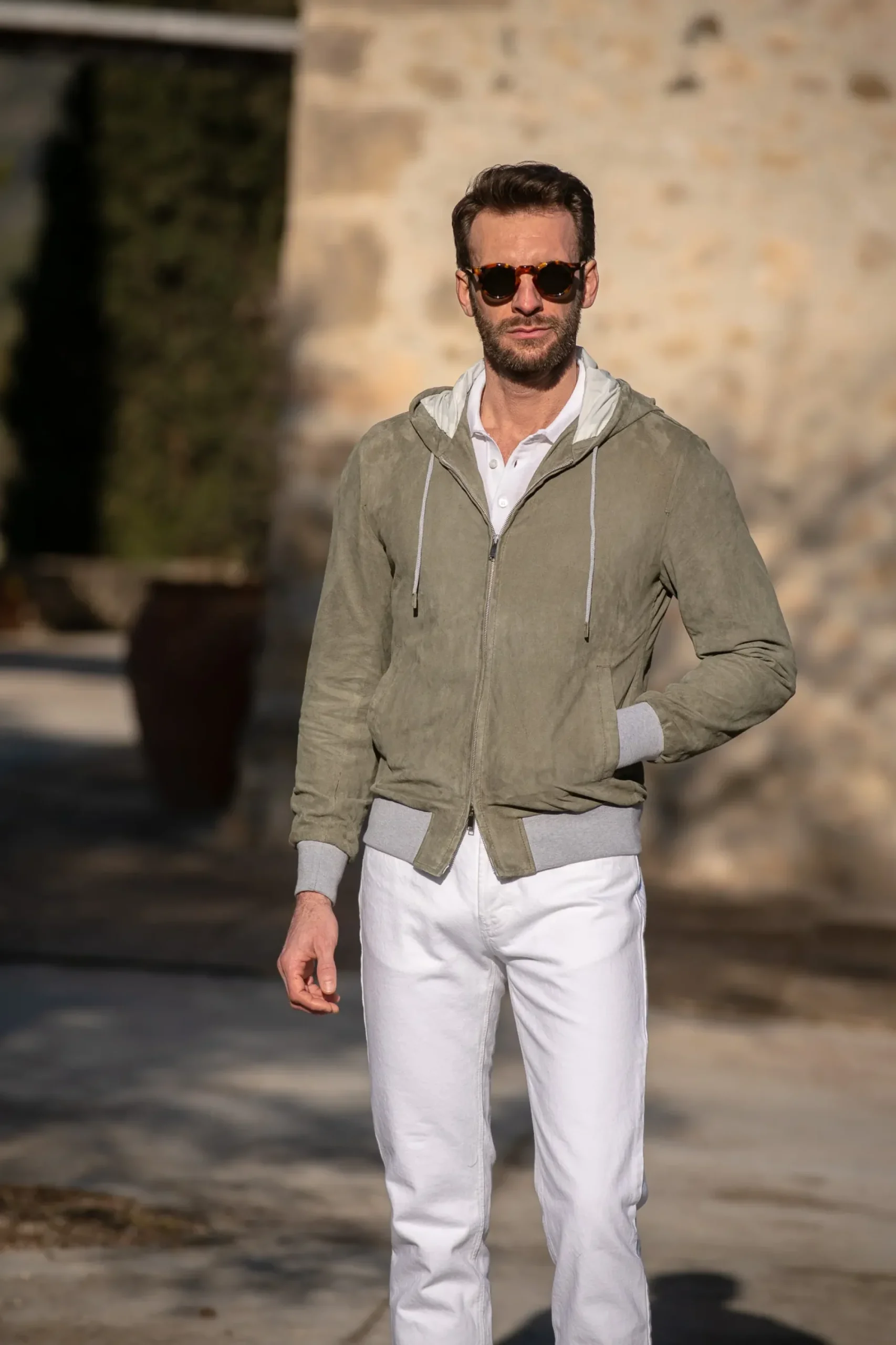 Pini Parma Sage Suede Hooded Bomber Jacket – Made In Italy Cheap