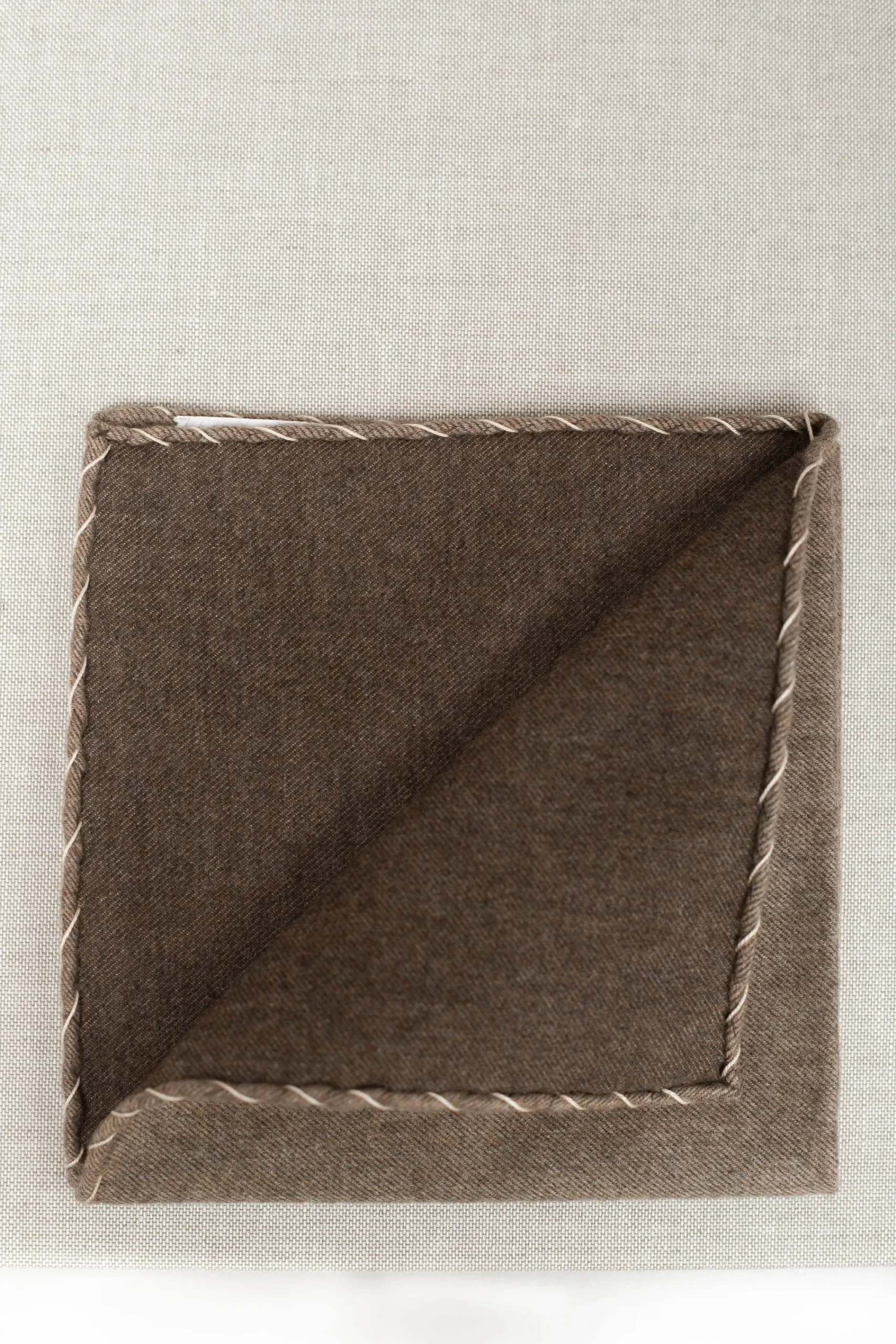 Pini Parma Taupe Flannel Cotton Pocket Square With Beige Edges - Made In Italy New