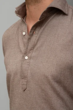 Pini Parma Taupe Popover Shirt - Flannel Touch - Made In Italy Sale