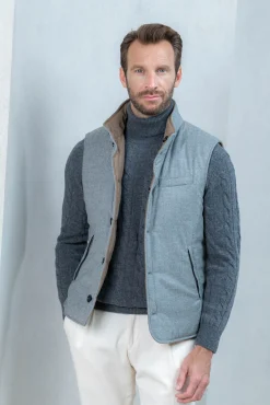 Pini Parma Taupe Reversible Vest In Loro Piana Wool With Rain System®– Made In Italy Clearance