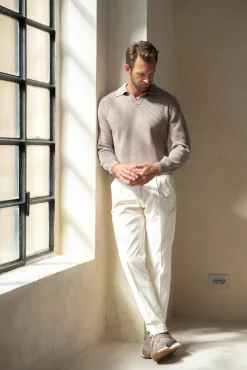 Pini Parma Taupe Ribbed Cashmere Blend Polo – Made In Italy Cheap