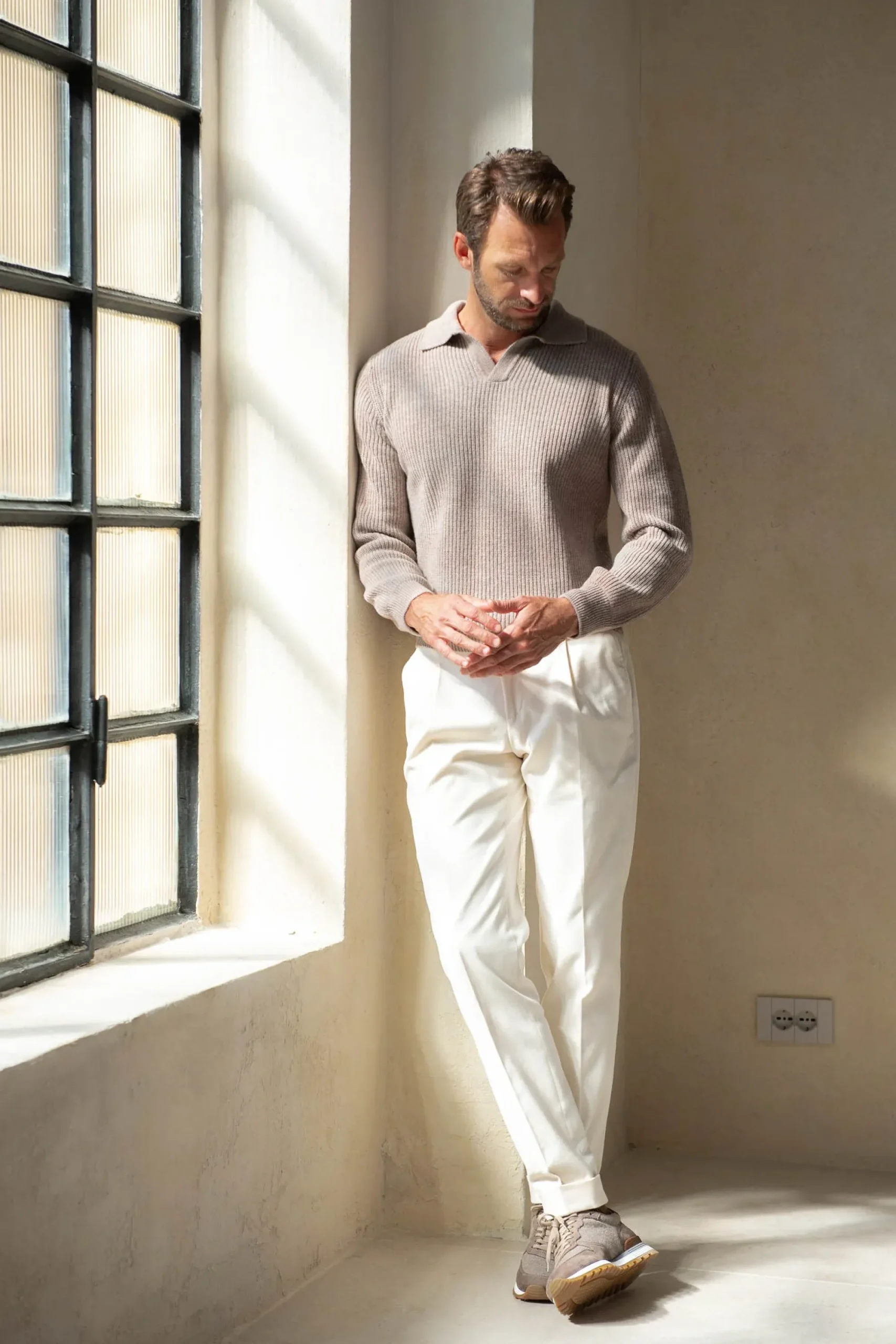 Pini Parma Taupe Ribbed Cashmere Blend Polo – Made In Italy Cheap