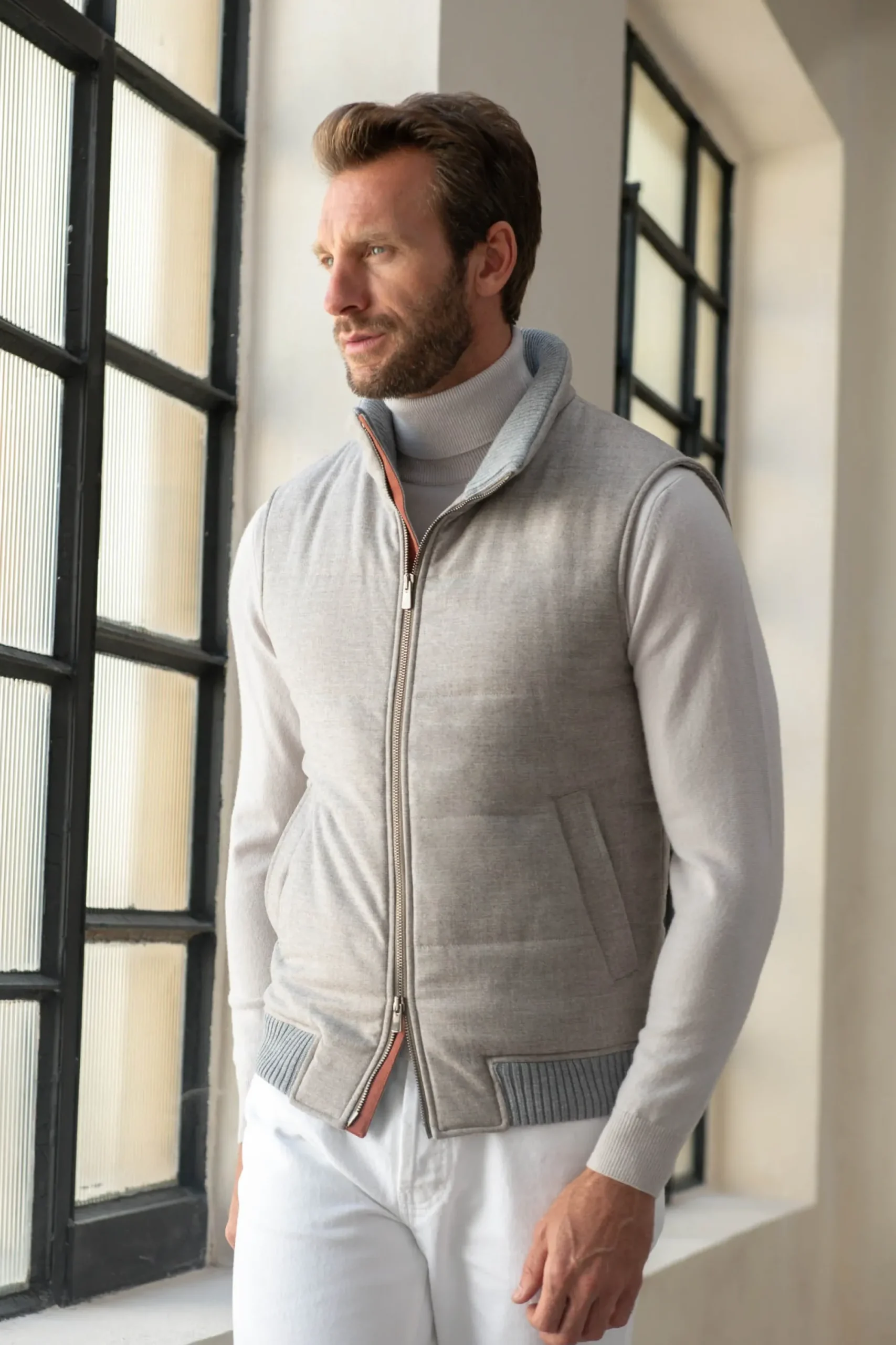 Pini Parma Taupe Vest With Zip In Loro Piana Wool With Rain System®– Made In Italy Best Sale