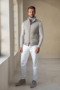 Pini Parma Taupe Vest With Zip In Loro Piana Wool With Rain System®– Made In Italy Best Sale