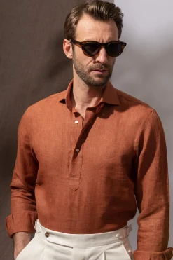 Pini Parma Terracotta Linen Popover Shirt - Made In Italy Store