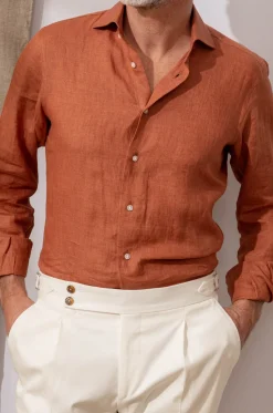 Pini Parma Terracotta Linen Shirt - Made In Italy Hot
