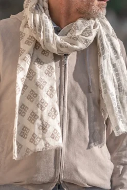 Pini Parma White And Taupe Geometric Linen Scarf - Made In Italy Best