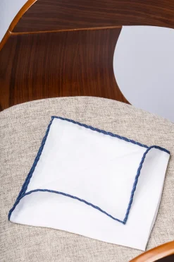 Pini Parma White Linen Pocket Square With Blue And Light Blue Edges - Made In Italy Online